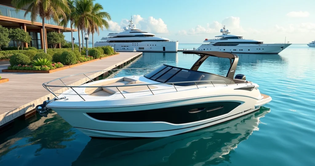 Luxury bowrider boat docked at marina with clear blue water and sunny sky