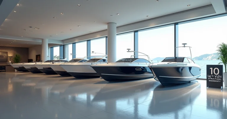 Row of premium motorboats displayed in a bright, modern showroom with warranty signage