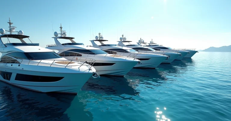 Six premium luxury boats lined up on a sparkling blue marina under clear sky, showing different sizes and Italian design influences