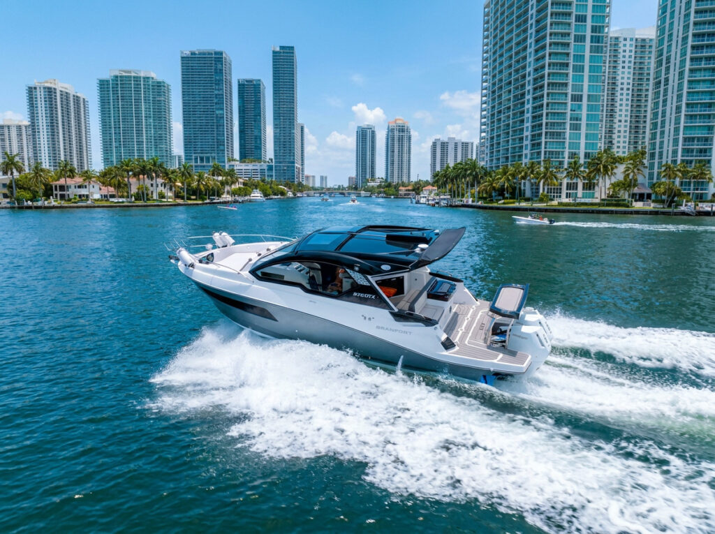 Granfort 370 GTX vs Monterey 385SS Super Sport Nano Banana Pro create one variation of the image attached keep the boat exactly the same anlgle